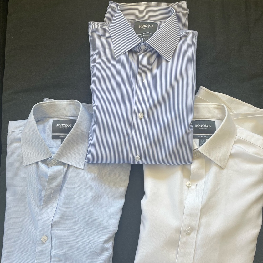 3 Bonobos dress shirts. White, Blue, Light Blue